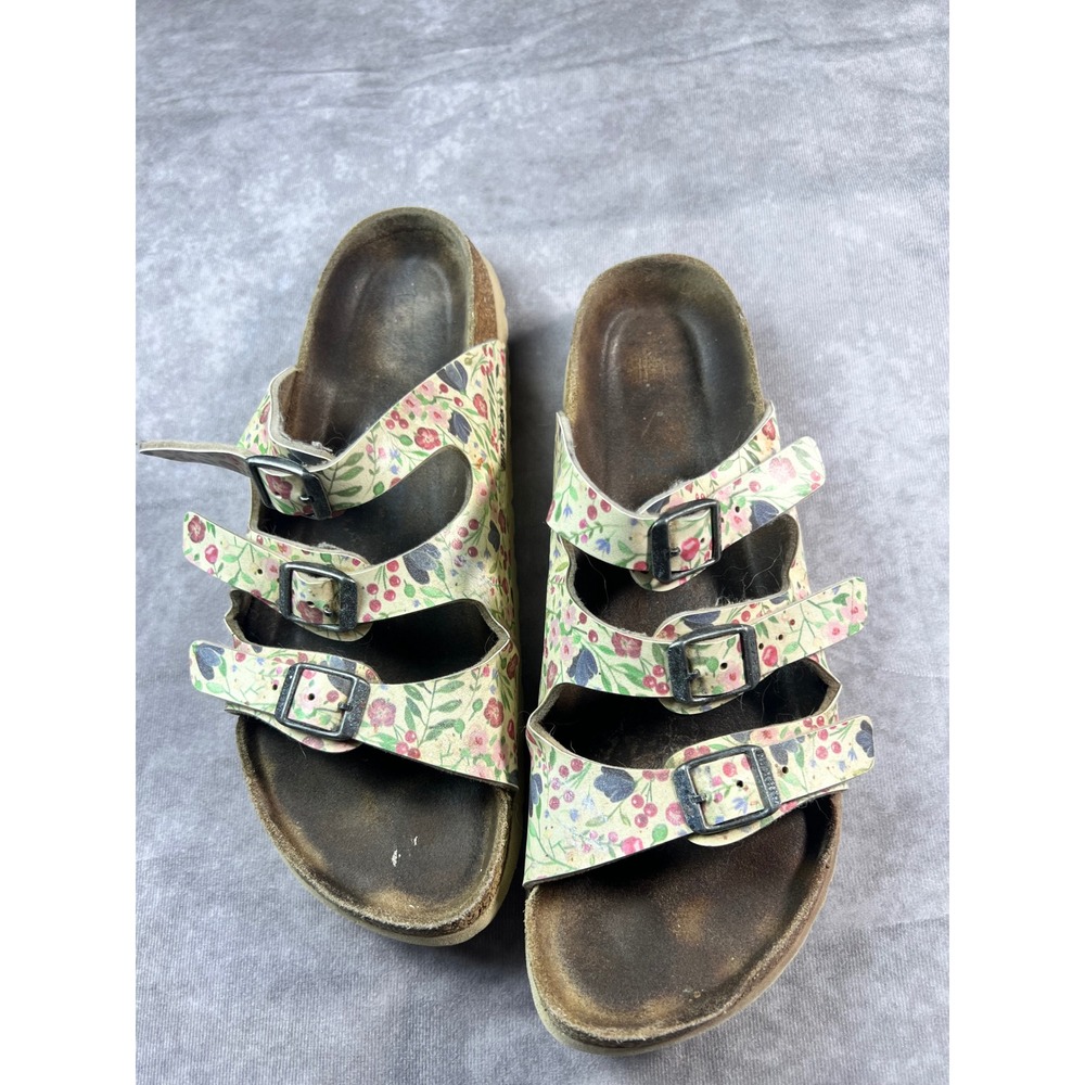Birkenstock Florida Sandals Womens 41 Cream Floral Triple Strap Buckle Slides
